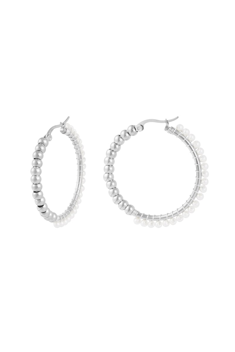 Stainless Steel Large Circle Pearl Bead Earrings - Silver Color color
