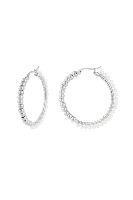 Stainless Steel Large Circle Pearl Bead Earrings - Silver Color color