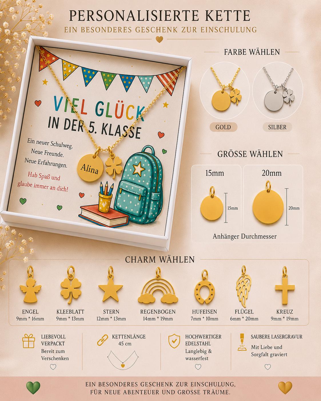 Personalisierte Kette zum Schulabschluss Grundschule | Geschenk 4. Klasse | Abschied Grundschule | Einschulung 5. Klasse